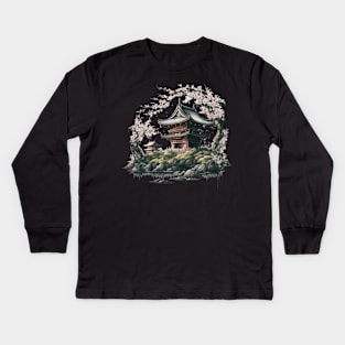 Finding peace and tranquility in the serene atmosphere of a Japanese temple Kids Long Sleeve T-Shirt